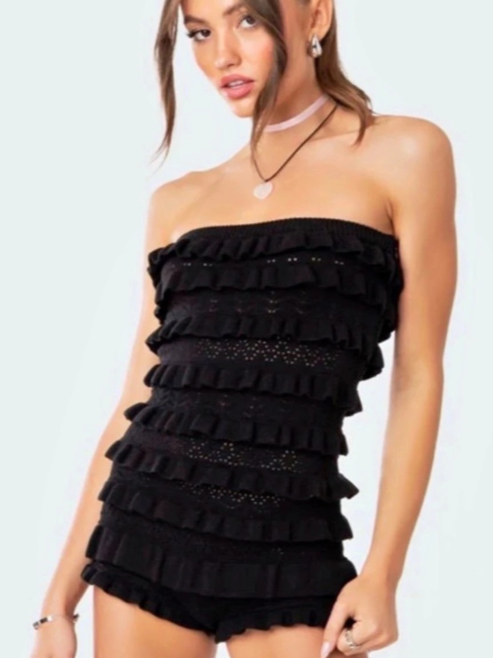 Edikted Black Strapless Ruffle Knit Romper Zipper Lightweight Women’s XS